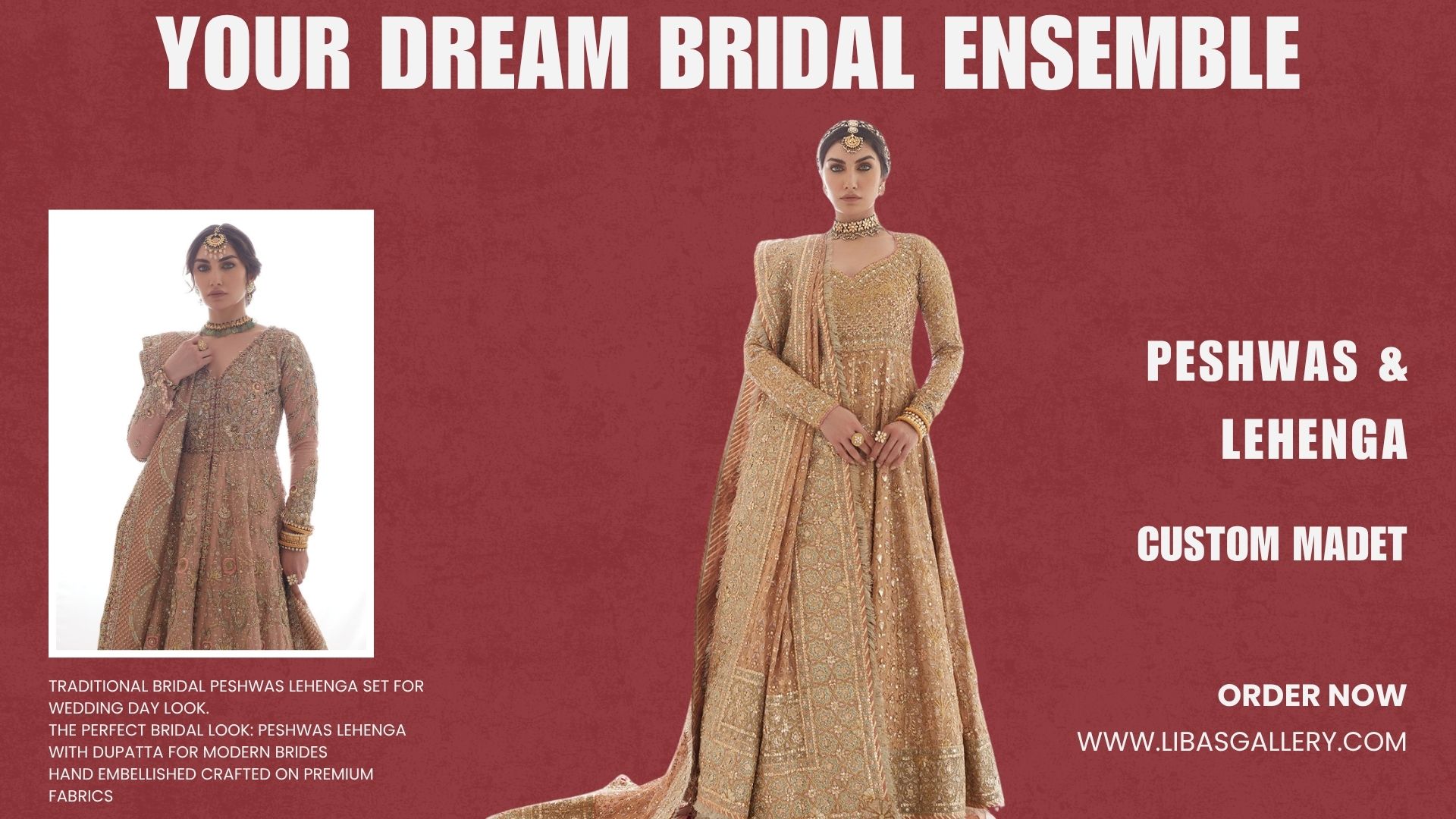 Buy Bridal Ensemble Peshwas and Lehenga in Handcrafted Couture | Designer Beige Rose Gold Bridal Peshwas Lehenga with Dupatta